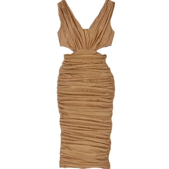 Akira Brown Ruched Mesh Midi Dress S Sleeveless Bodycon Formal Party - Picture 1 of 13